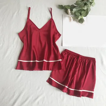 

Sexy Silky Sling Sleepwear Sets Womens Shorts Nightwear women pijama Comofortable V Neck Solid Sleepwear pijama mujer invierno