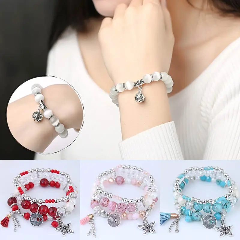 

1PC/1Set Letter Multilayer Natural Stone Shell Starfish Vintage Leaf Charms Beads Bracelets Tassel LOVE Bangles Jewelry Gifts