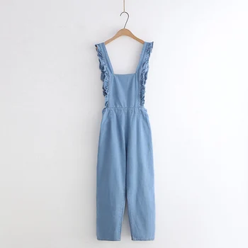 

Korean Fashion Women's Casual Denim Jumpsuit Vintage Ladies Rompers Ruffles Baggy Overall 90s Girl Loose Blue Jeans Pants