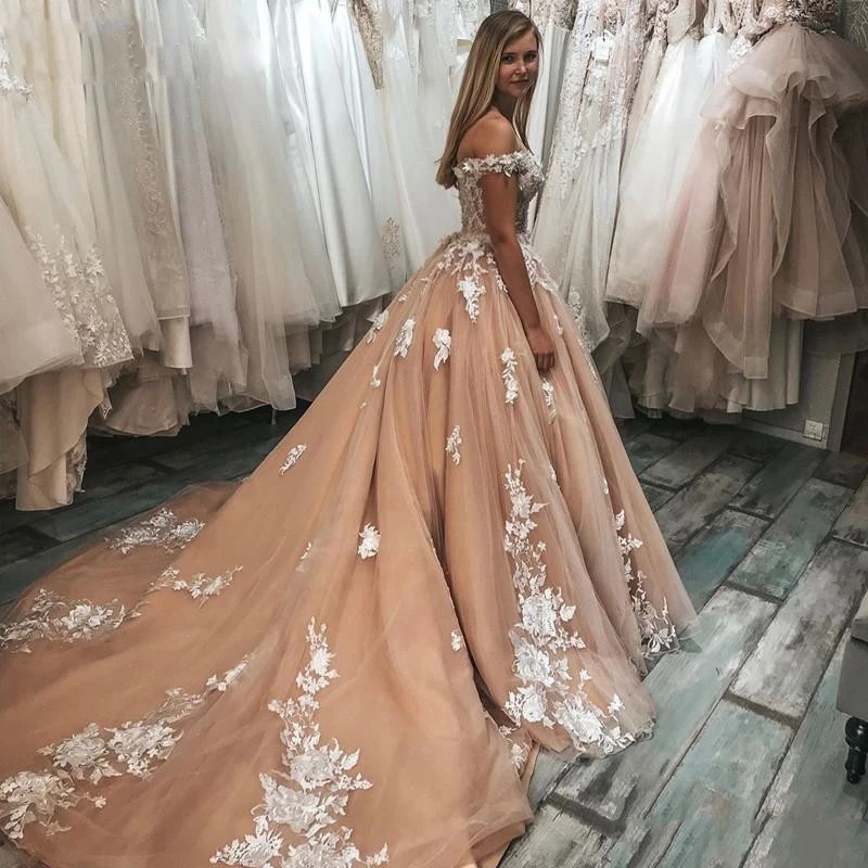 

2020 Princess Wedding Dresses Dark Champagne A Line Appliqued Lace Bride Dresses Off The Shoulder Wedding Gown