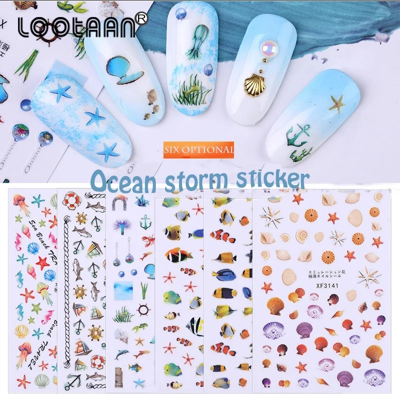 

Lootaan 6pcs/set Ocean Storm Nail Sticker Decal Marine Bioshell Manicure Decorative Nail Watermark Foil Tip
