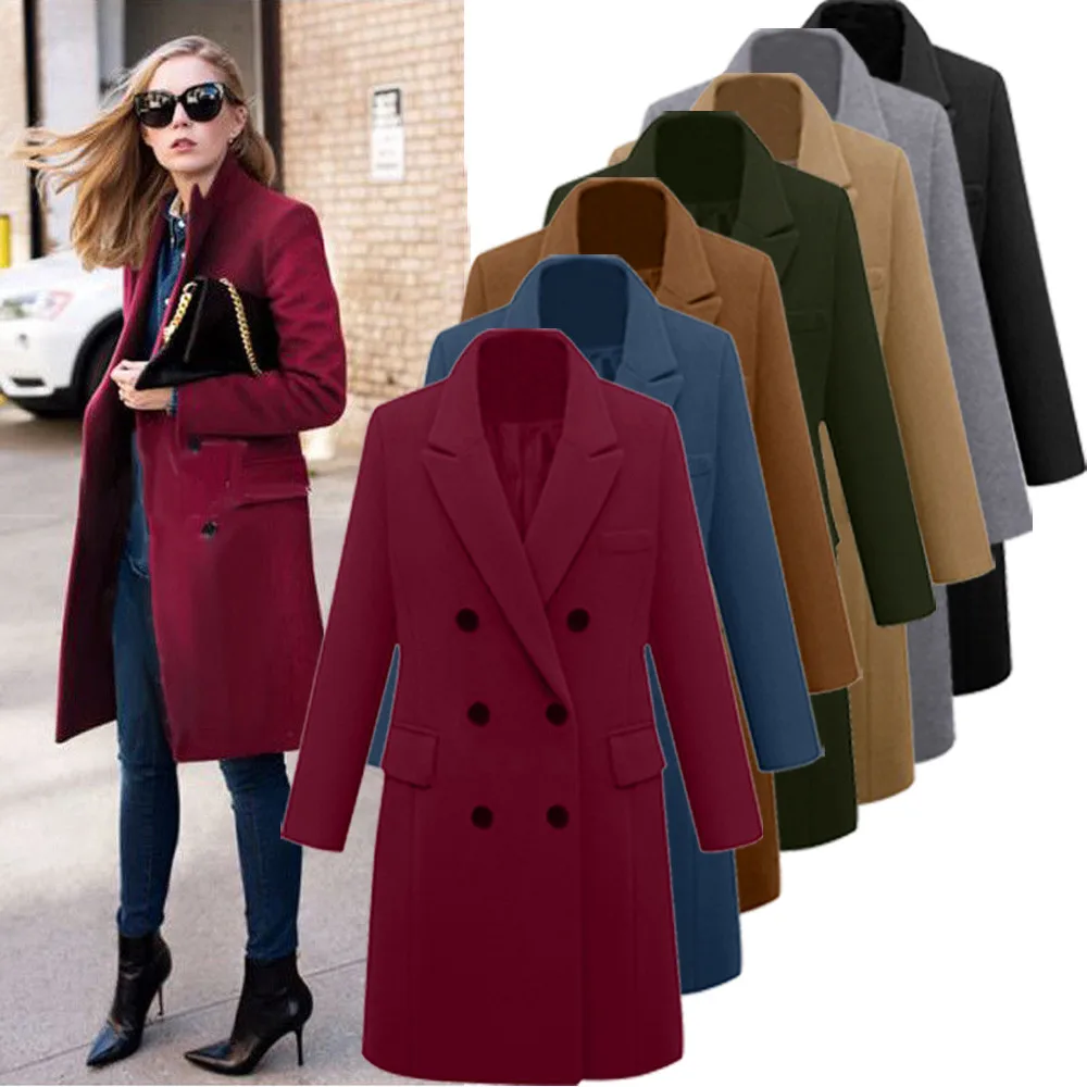 New Womens Winter Lapel Wool Coat Trench Jacket Long Overcoat Outwear autumn winter Dropshipping size L