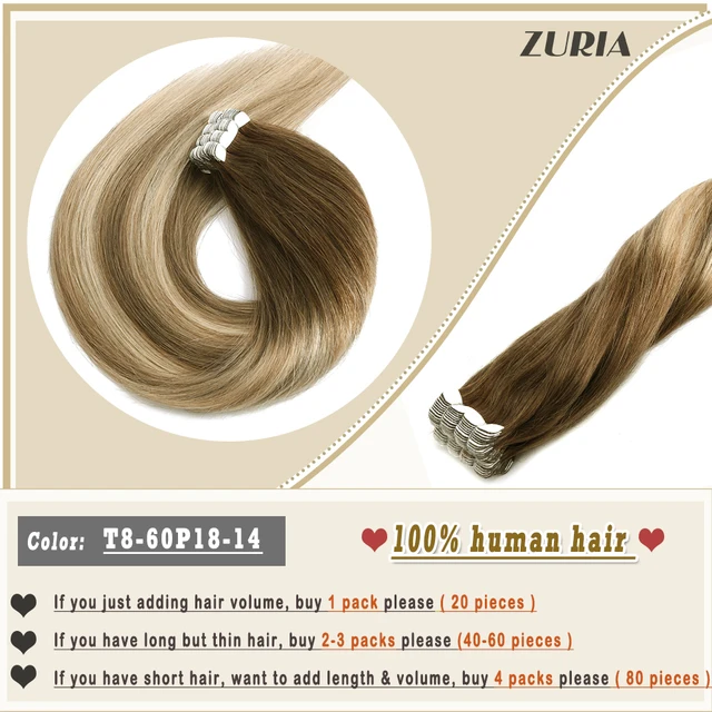 ZURIA Mini Tape In Hair Extensions Machine Remy Natural Hair Extensions Human Hair Straight 20 Inchs Seamless Adhesive Skin Weft T8-60 T8-14