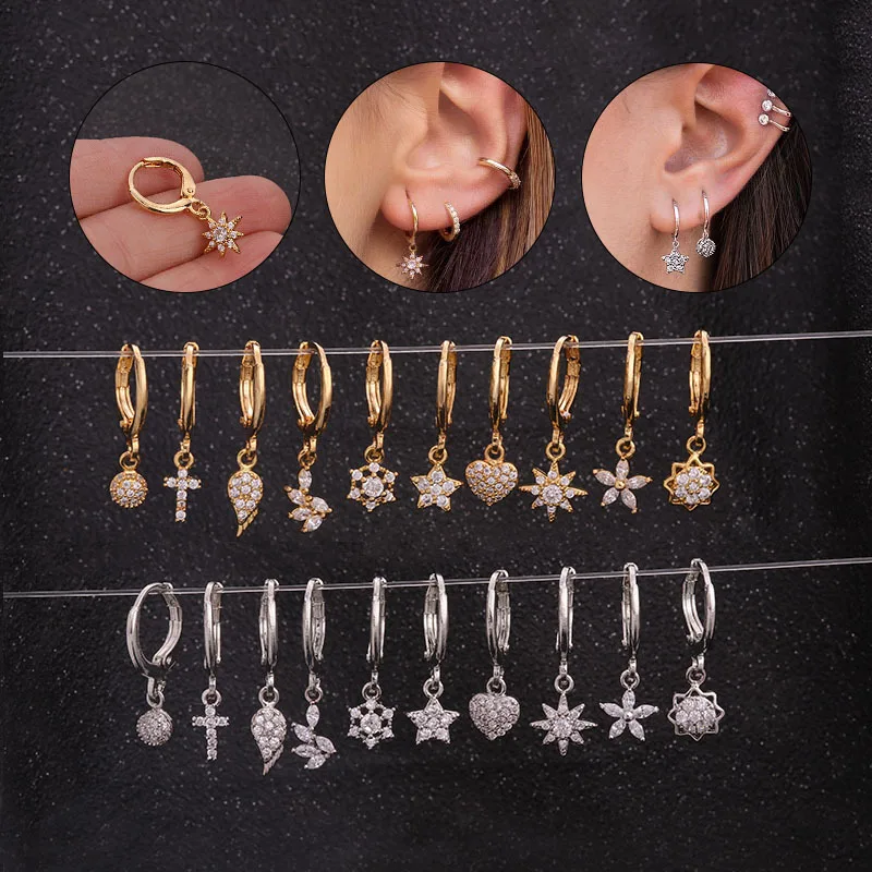 

1 PCS Gold Color Mix Design Crystal Hoops Minimalist Circle Cross Wing Flower Stars Pendant Earrings Stainless Steel Ear Jewelry