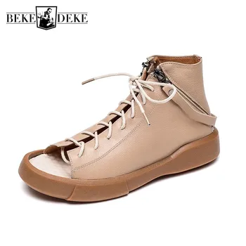 

Summer New Women High Top Peep Toe Lace Up Sandals Flats Shoes Ladies Casual Genuine Leather Sandals Footwear Vintage Gladiator