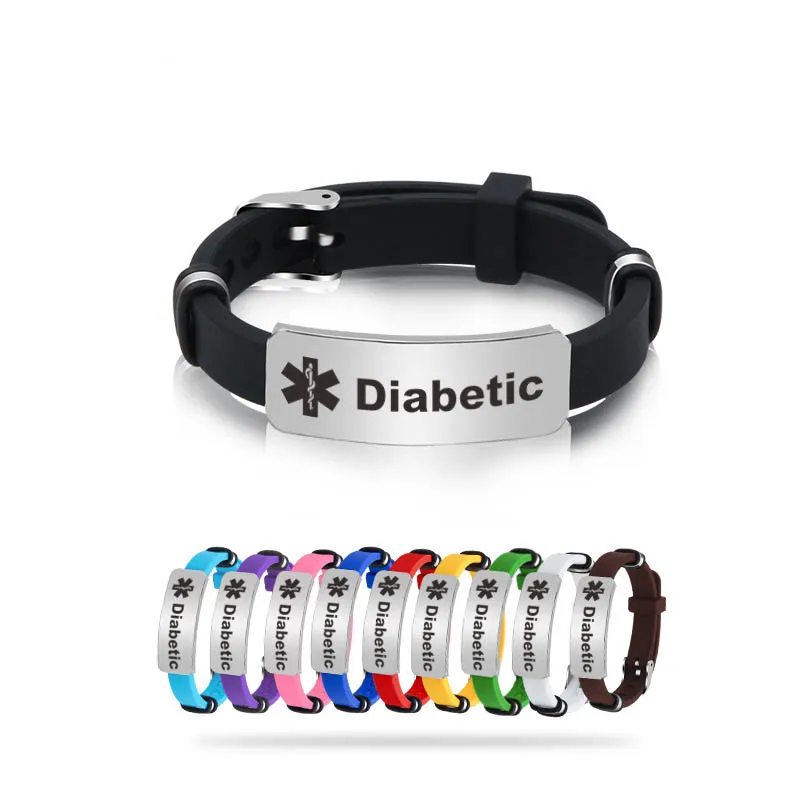 Pulsera de silicona para diabéticos tipo 1, brazalete de identificación con alerta médica para hombres, y niños, longitud ajustable, joyería SOS|Pulseras de identificación| - AliExpress