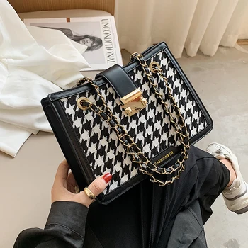 

с доставкой Houndstooth Designer Small PU Leather Crossbody Bag for Women 2020 Women's Winter Trend Chain Shoulder Handbags
