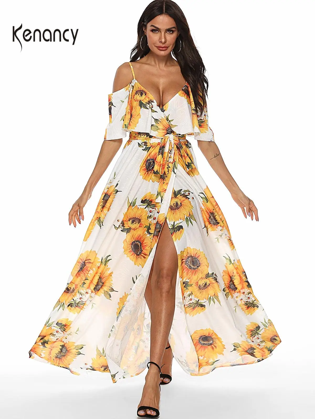 white sundress with sunflowers