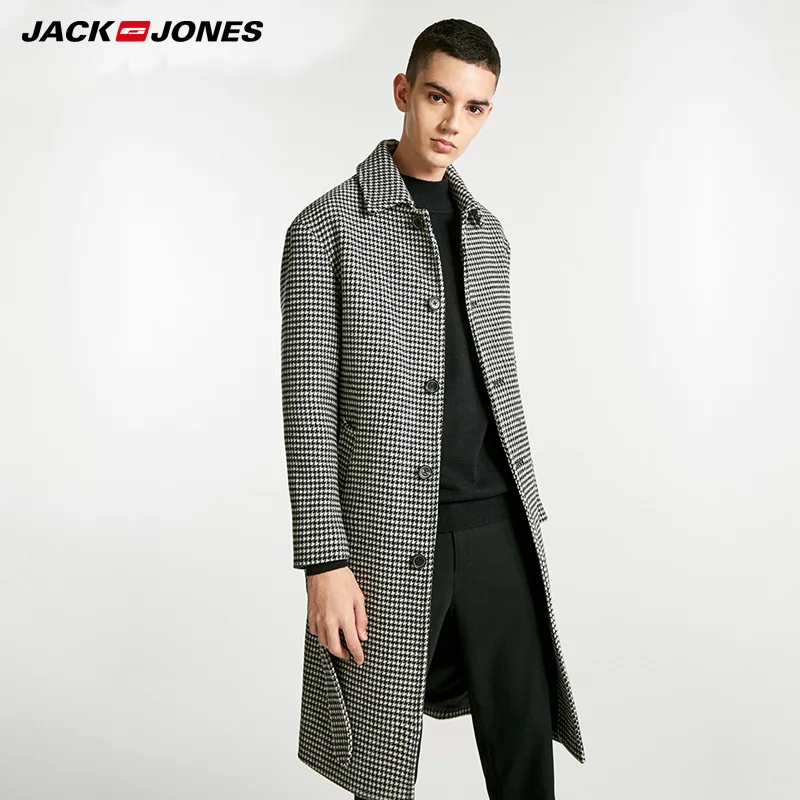 

Jack Jones winter mens Single Breasted Long Houndstooth Woolen Overcoat | 218427510