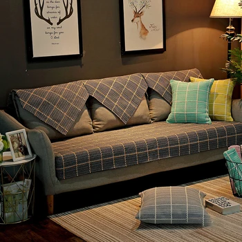 

New Living Room Sofa Cover Fabric Cotton Cushion Simple Modern Four Seasons Universal Non-slip Cotton Large Lattice Sofa Cover