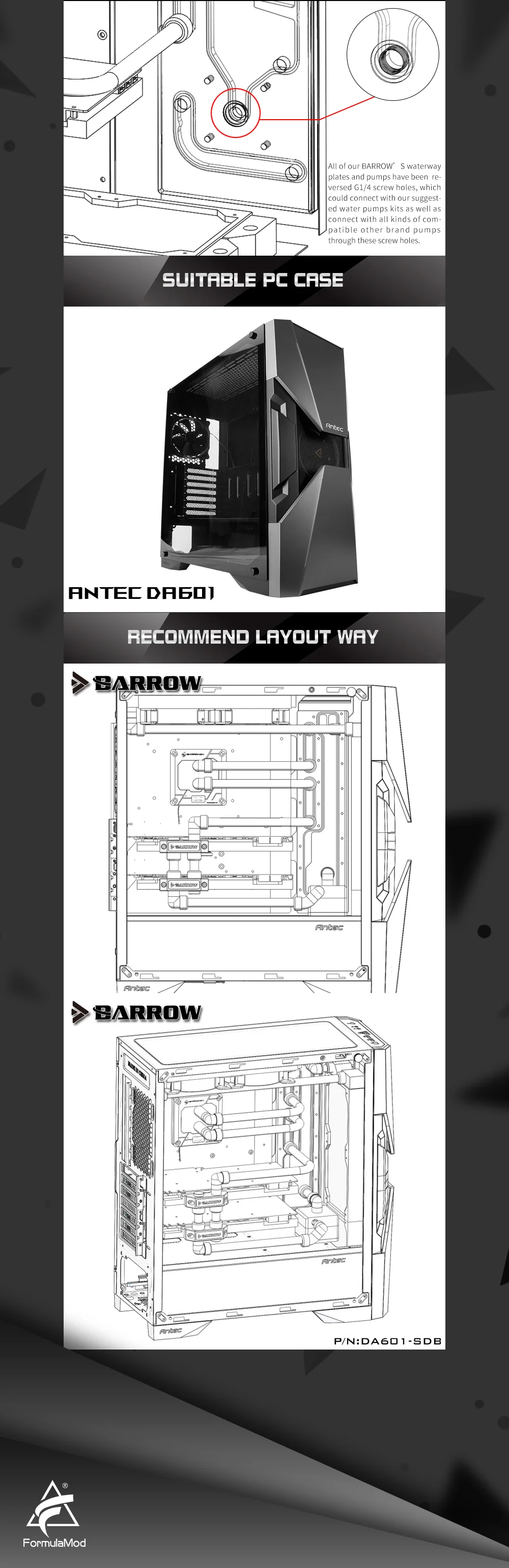 Barrow DA601-SDB, Waterway Boards For Antec DA601 Case, For Intel CPU Water Block & Single GPU Building  