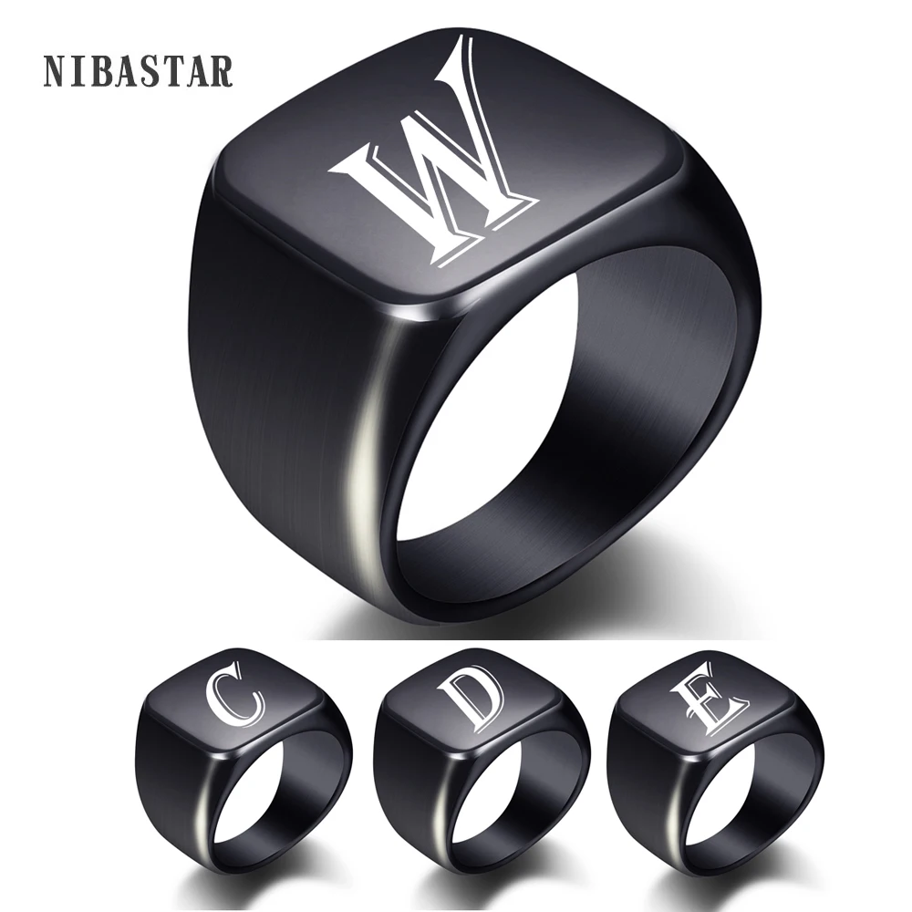 Men Ring Signet Plain Stainless-Steel Initial Black White Engrave Tone Z-Alphabet Personalised