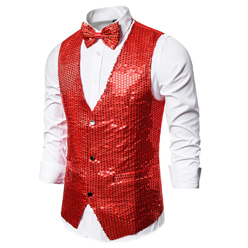 

Mens Red Sequins Vest with Bowtie Slim Fit V Neck DJ Nightclub Prom Waistcoat Men Party Wedding Groom Vest Men Chaleco Hombre