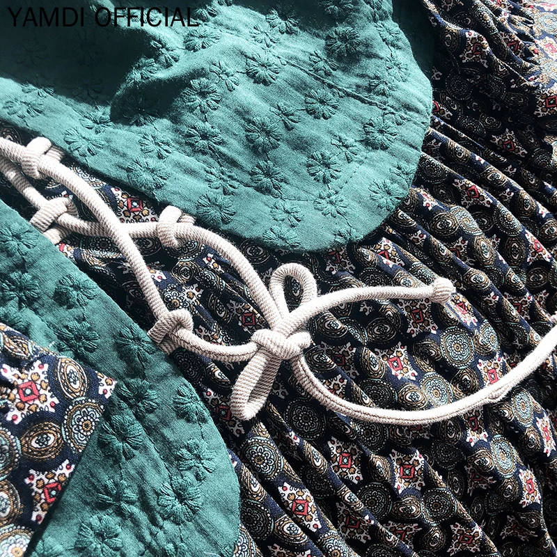 YAMDI женское Хлопковое платье с цветочным принтом, шикарное подиумное осеннее летнее платье с рукавом 3/4, клетчатое платье с вышивкой для Boho V