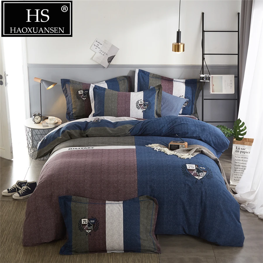 

4Pieces Sanding Cotton Striped Bedding Set with Crest Multicolor Super Warm Duvet Cover Soft Flat Sheets Set Queen King Size