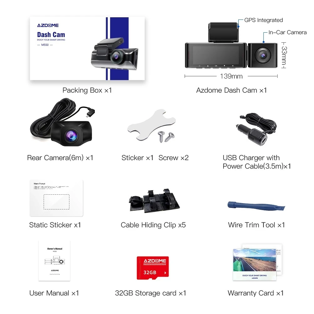 AZDOME M550 ダッシュカメラ　３点セット M550 3CH Dash Cam 2K+1080P+1080P with WiFi & GPS 24HR