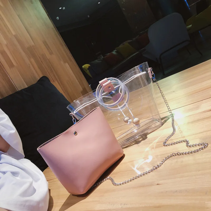 

2018 New Style Transparent Different Size Bags Korean-style Chain Shoulder Oblique Handbag Wooden Beads Bucket Bag