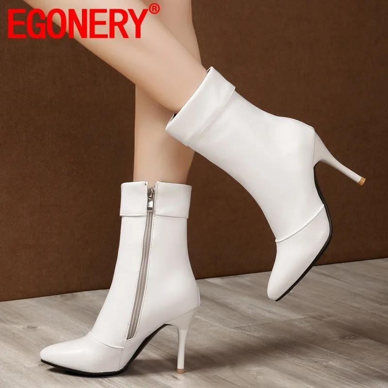

EGONERY winter new concise ankle boots outside super high heels pointed toe zipper office women shoes drop shipping size 32-45