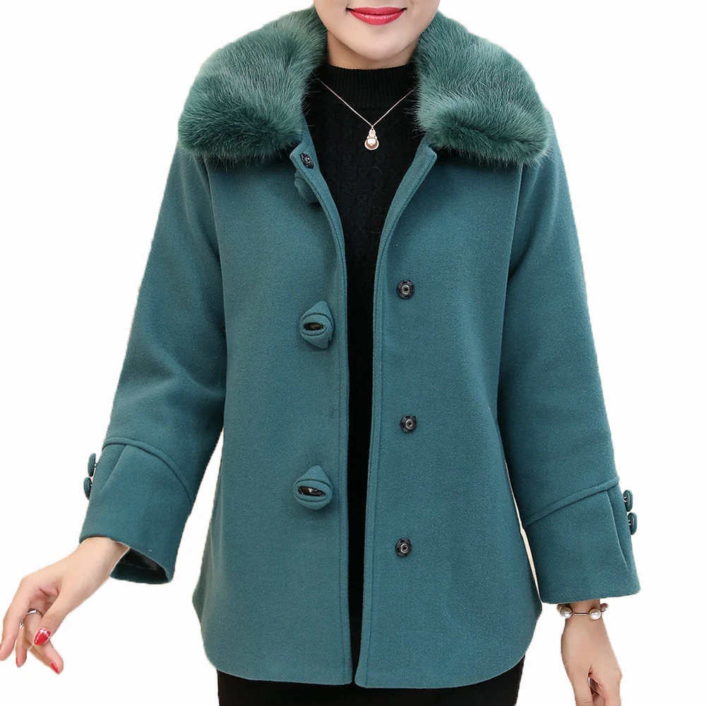 

Winter Women Quilted Tweed Pea Coats Fur Collar Design Warm Wool Blend Outerwear Three Buttons Front Thicken Padded Peacoat Lady