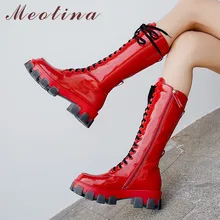 Meotina/зимние сапоги до колена; женские высокие сапоги из натуральной кожи на платформе и блочном каблуке; обувь в стиле панк на молнии; Женская Осенняя обувь красного цвета; 39