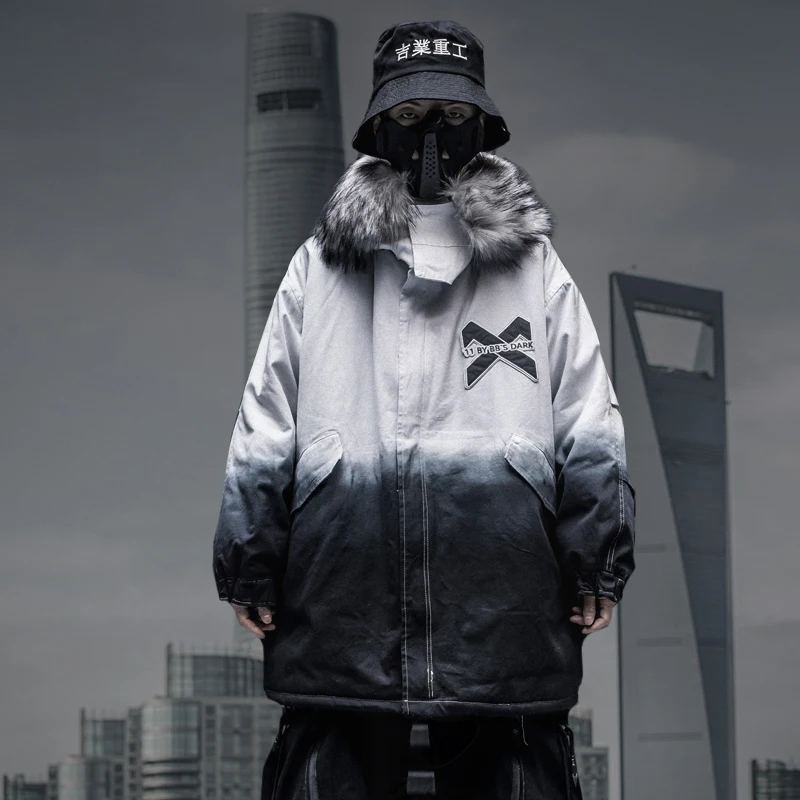 

US Size 2019 Mens Thick Warm Winter Jacket Casual Fur Collar Loose Harajuku Gradient Parkas Coats Male Oversized DG498