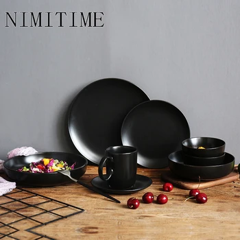 

NIMITIME Japanese Simple Pure Color Ceramic Tableware Black Home Tableware Western Restaurant Dinnerware Set
