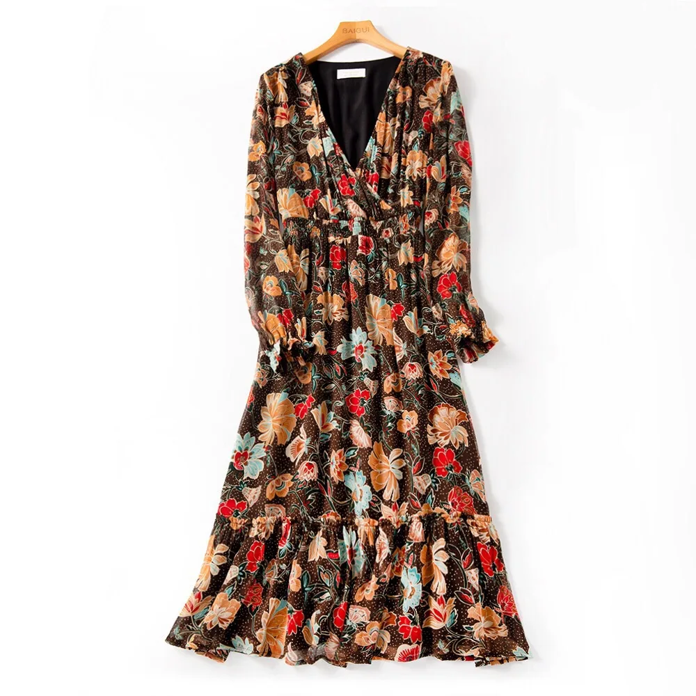 

Women Dress 2020 Spring-Summer New V-Neck Silk Waist French Print Lace Hem Midi Dress