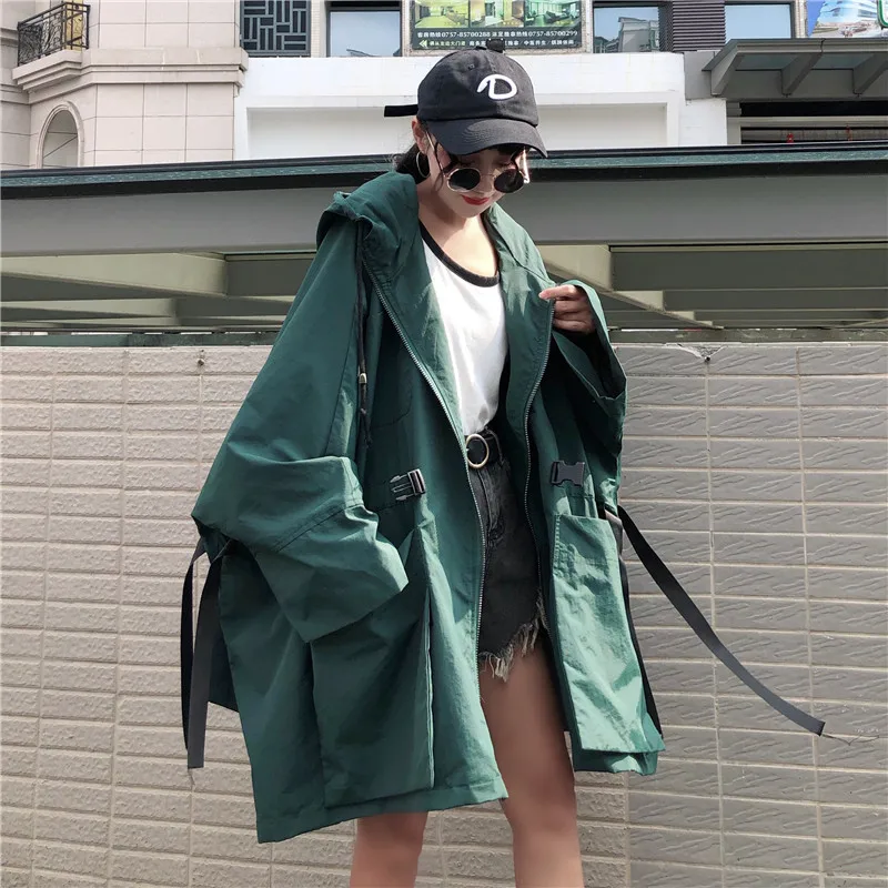 Neploe Harajuku с капюшоном куртка с затяжкой, больше обычного размера, длинный поясом тонкая талия пальто Новинка осени Для женщин стиль сафари куртки 54826