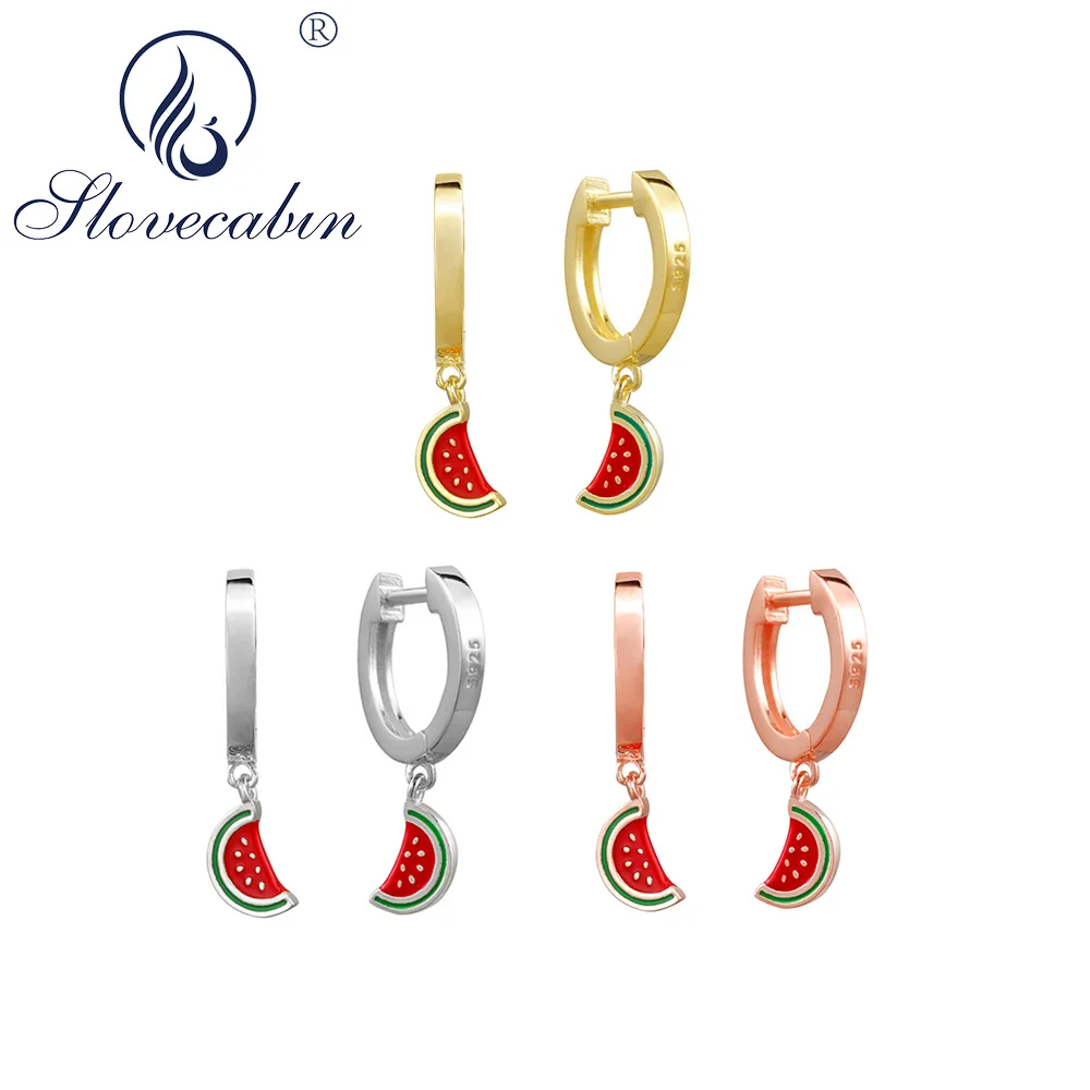 

Slovecabin Authentic 925 Sterling Silver Watermelon Red Enamel Danging Earrings Femme Hoop Earrings Women Fashion Jewelry Making