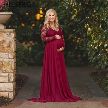 

Long Sleeve Lace Maternity Gown Dresses for Photo Shoot Sexy V Neck Maxi Pregnancy Dress Photography Pregnant Women Baby Shower