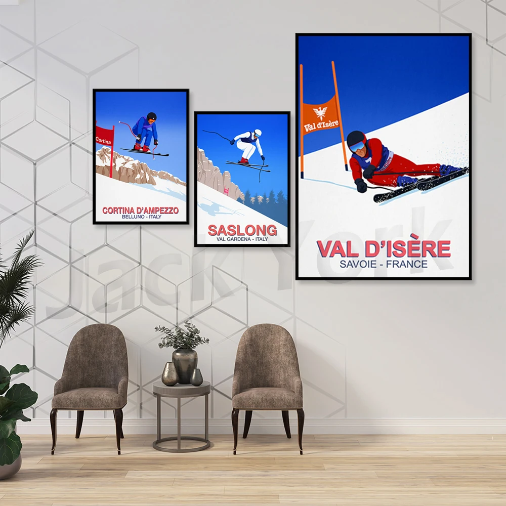 

Winter Sports Skiing Art Poster Canvas Painting , Vintage Travel Poster Ski In Snow Mountain Print Winter Home Decor