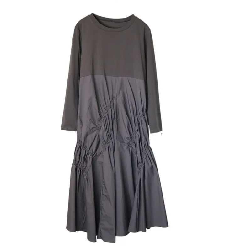 TVVOVVIN Woman Autumn O-Neck Long Sleeve Thin Fold Longuette Patchwork Long Sleeve Loose French dress ZX376 - Цвет: gray