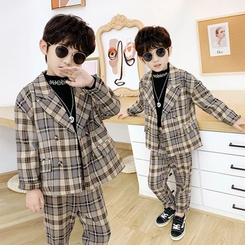 

autumn new teens kids boys plaid suits fashion big boys Double breasted coat+pants 2pcs casual boys clothes set 6 8 10 12