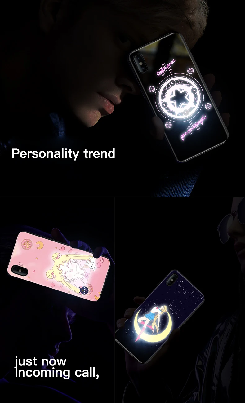 Чехол из стекла с рисунком Сейлор Мун для iPhone XSmax XR XS X 8 7 Plus, Роскошный милый умный светящийся чехол для телефона