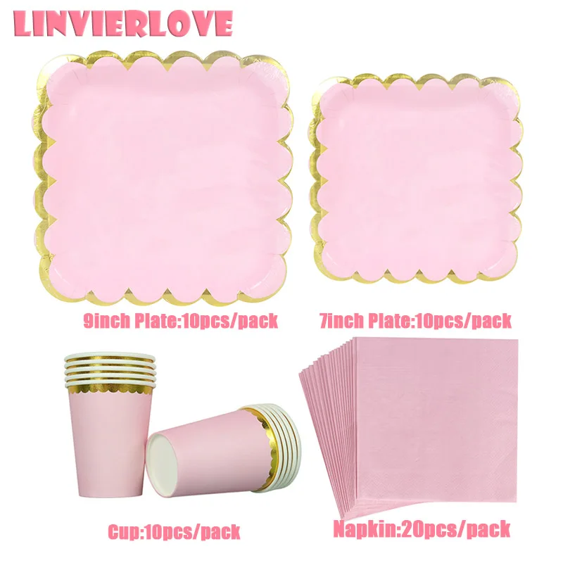 

LINVIERLOVE Pink Square Golden Rim Disposable Tableware For Wedding Birthday Solid Color Paper Plate Cup Napkins Party Supplies