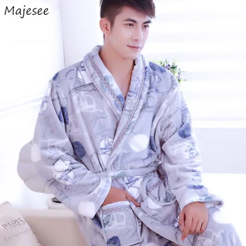 

Robes Men Flannel Soft Winter Warm Mens Bathrobes Plus-size 3XL Loose Printed Comfortable Males Leisure Homewear Ulzzang Trendy