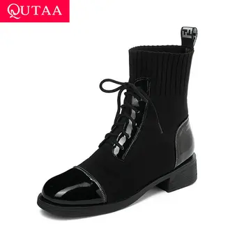 

QUTAA 2021 Round Toe PU Leather Square Heel Autumn Winter Ankle Boots Low Heel Fashion Lace Up Women Shoes Size 34-43