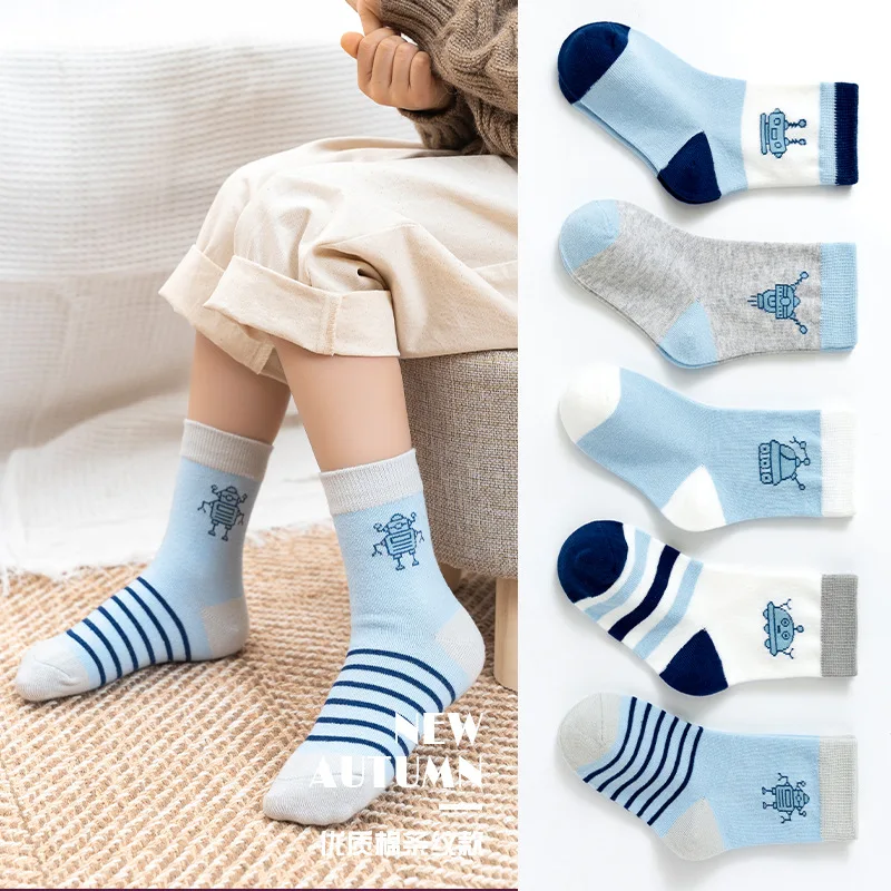 

5 Pair Kids Socks Cartoon Robot Pattern Breathable Sports Socks Children Boy Soft Cotton New Baby Socks