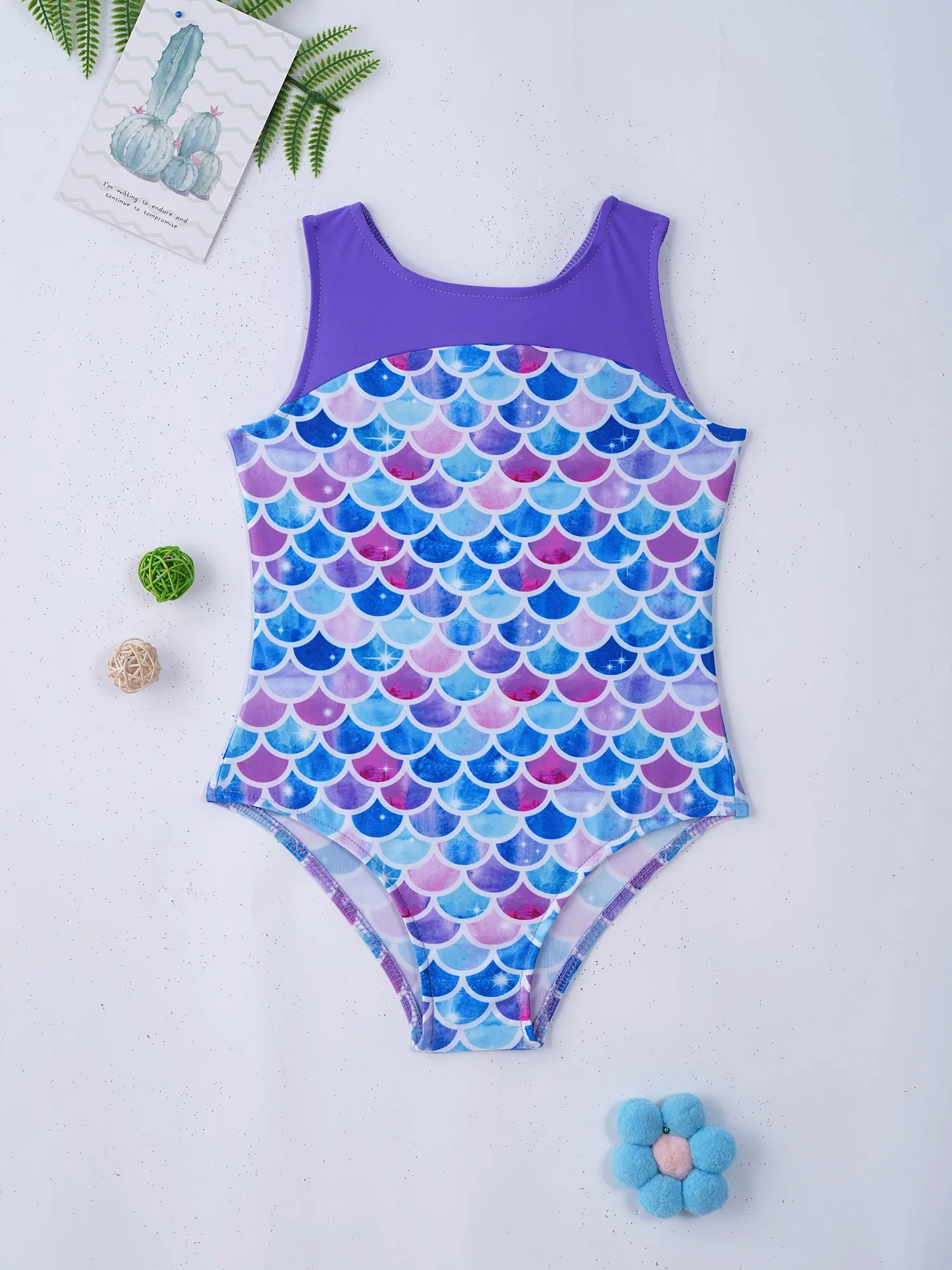 TiaoBug Summer Kids Girls One-Piece Print Swimsuit Round Neck Sleeveless Bathing Beach Swimming Pool Dance Gymnastics Leotard