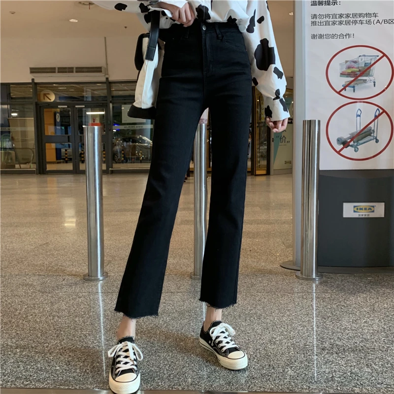 Джинсы Женские однотонные до щиколотки прямые джинсовые Harajuku универсальные повседневные женские брюки с высокой талией корейский стиль винтажные карманы
