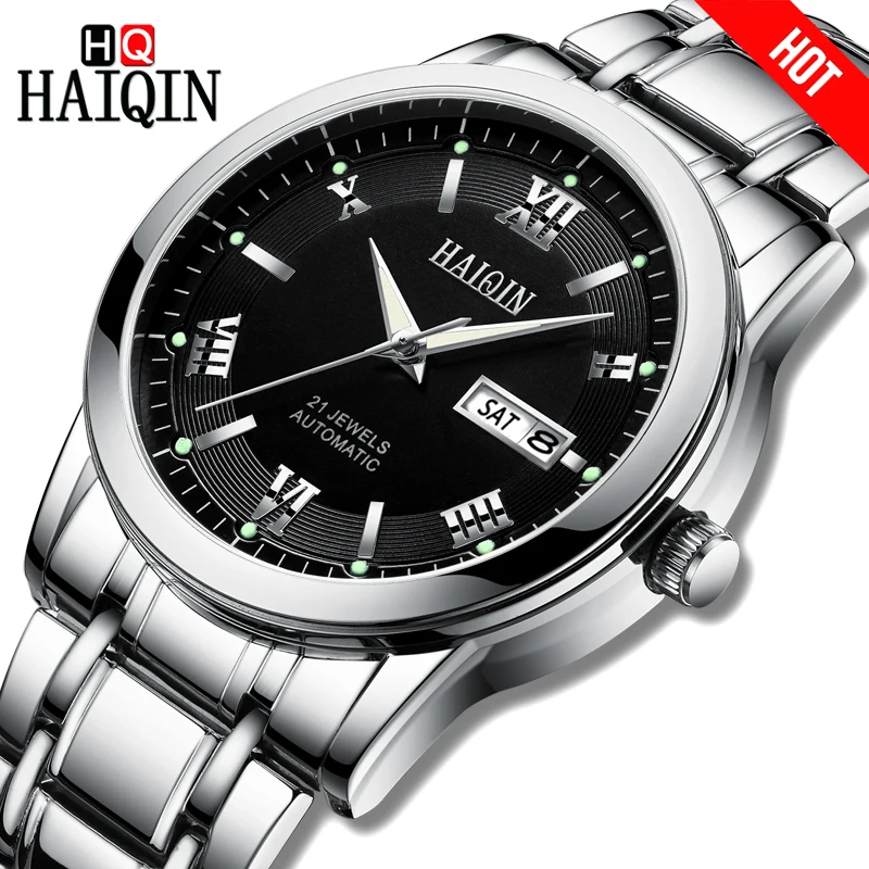 

HAIQIN Luxury Men's watch Automatic mechanical waterproof watch men Silver steel band Business Male wristwatch Relogio Masculino