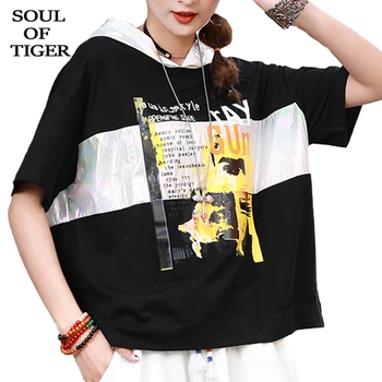 

SOUL OF TIGER 2020 Summer Punk Fashion Style Ladies Printed Tee Shirts Womens Casual Cotton Tops Female Hooded Clothes Plus Size