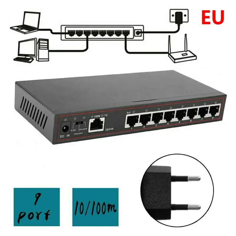 9 портов LAN Ethernet Net-work Switch HUB мини настольный адаптер US/UK/EU/AU Plug