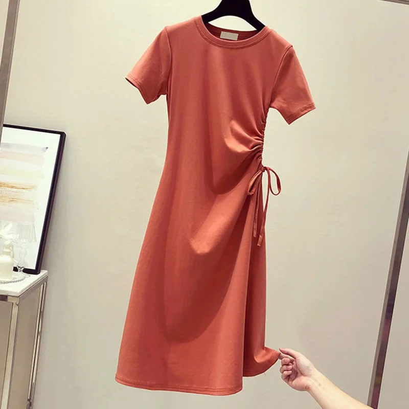 

Women O Neck Short Sleeve Drawstring Midi T-Shirt Dress for Summer FDC99