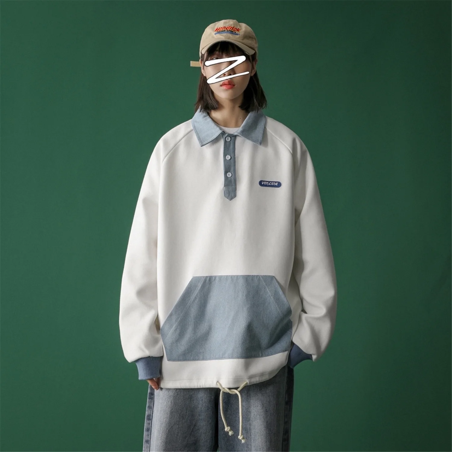 

womens Turn-Down Collar Sweatshirts for Woman Pullover Denim Patchwork Dress Hoodie top Oversized Drop Shoulder Teens Streetwear