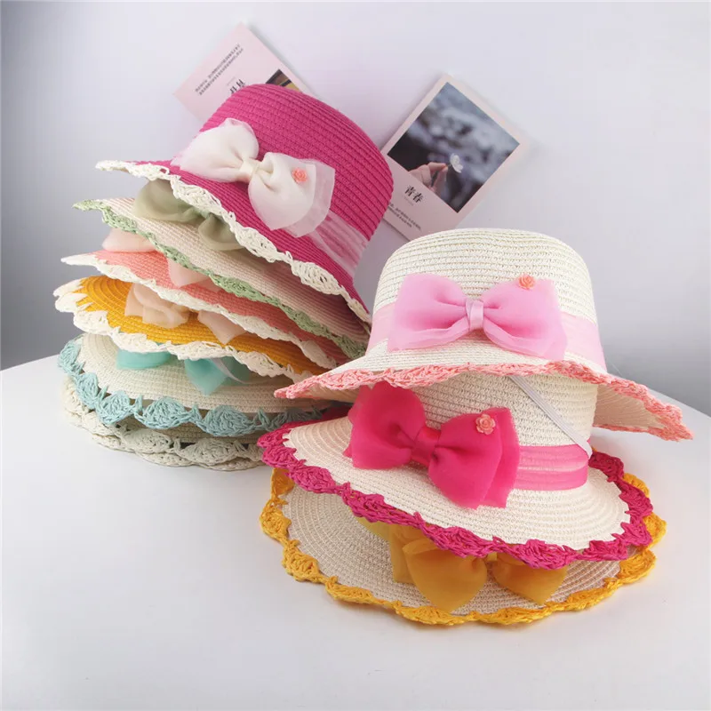 Горячая Распродажа лето 2019 милая Плетеная соломенная шляпа с кружевным бантом