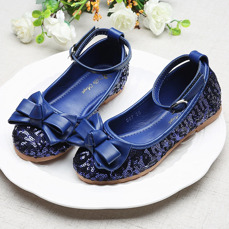 Girls Leather Shoes Pure Color Spring New Cute Bowtie Sequins Princess Shoes Kids Girls Baby Single Sneakers Party Shoes STX004