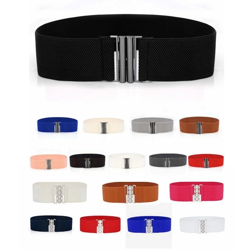 Wide Elastic Belt Solid Color Corset Belt Metal Buckle Lady Fashion