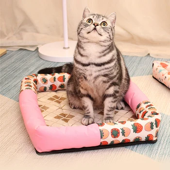 

Summer Cooling Rattan Mat Pet Dog Bed Canvas Dogs Nest for Cats Soft Fleece Puppy Cat House with Blanket Breathable Washable