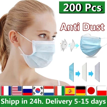 

200Pcs Disposable Face Masks Anti Dust Mouth Face Mask Non Woven Disposable 3 Layers Filter Earloops Masks Anti Pollution